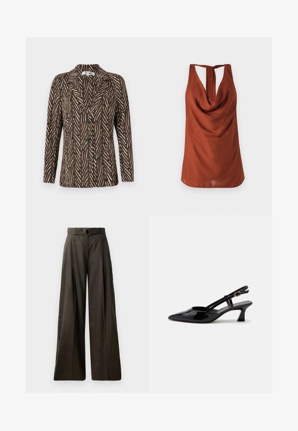 Diane von Furstenberg JACKET - Blazer - brown; Top sans manches de couleur rouille avec un col drapé, un dos dégarni et un tissu lisse. Le design présente une coupe décontractée et sans motifs visibles.; Pantalons taille haute à jambe large en tissu marron foncé avec une texture lisse. Comprend une ceinture assortie avec une boucle circulaire et un design plissé.; Chaussure slingback en cuir verni noir à petit talon, bout pointu et bride réglable avec boucle dorée sur fond blanc.