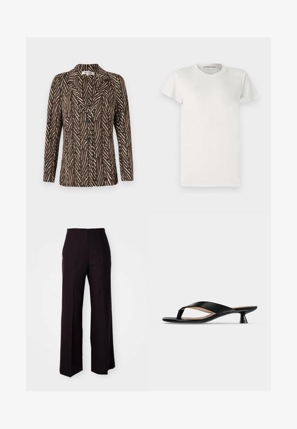 Diane von Furstenberg JACKET - Blazer - brown; Hvid kortærmet t-shirt lavet af bomuld med rund halsudskæring og enkel snit. Der er tags med "DESIGNERS REMIX" indeni kraven.; Sorte vide benbukser med høj talje, der har en glat tekstur og subtile frontfolder, skræddersyet til en struktureret pasform.; Sort læder-tå-sandal med lav lille hæl og let firkantet tå på ensfarvet lysegrå baggrund.