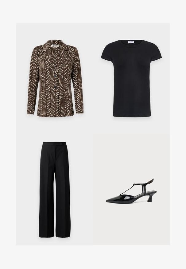 Diane von Furstenberg JACKET - Blazer - brown; Camiseta negra de canalé con cuello redondo y mangas cortas. Tela suave con forma ajustada, presenta una etiqueta en el cuello.; Pantalones negros de pierna ancha con una textura suave y mate. Cintura plana sin herrajes visibles ni patrones. Diseño simple y elegante.; Zapato slingback de cuero charol negro con punta fina, tira en T y tacón bajo en bloque inclinado sobre fondo blanco.