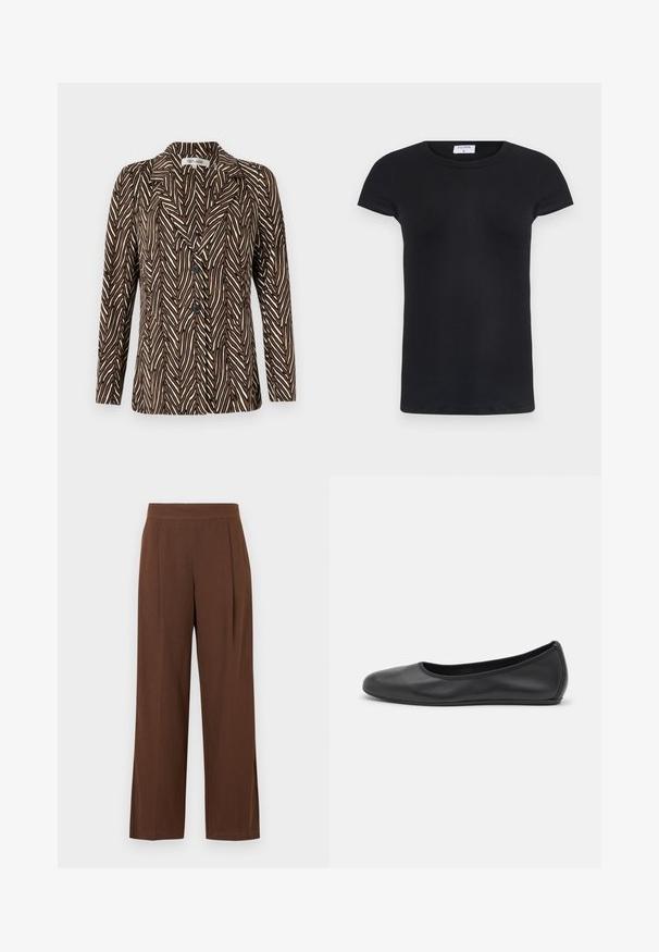 Diane von Furstenberg JACKET - Blazer - brown; T-shirt noir à côtes avec un col rond et des manches courtes. Tissu doux avec une coupe ajustée, présentant une étiquette au niveau du cou.; Pantalon marron à jambes larges avec une texture lisse, présentant un devant plat et des plis. La taille est élastiquée pour le confort et l'ajustement.; Ballerines en cuir noir avec un bout rond, texture lisse, détails de couture minimalistes et design de semelle flexible.