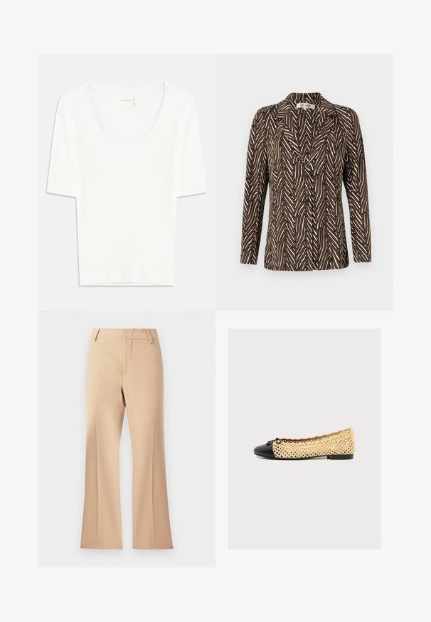 Diane von Furstenberg JACKET - Blazer - brown; Witte T-shirt met korte mouwen en een ronde hals. Gemaakt van zacht katoen, heeft het een comfortabele pasvorm en een minimalistisch ontwerp.; Beige wijde broek met een gladde textuur, voorzien van een medium taille en nette voorplooien. Eenvoudig ontwerp, geen zichtbare versieringen.; Beige geweven platte schoen met zwarte gesloten neus en kleine decoratieve strik bovenop, lage zwarte zool, zijaanzicht op effen achtergrond.