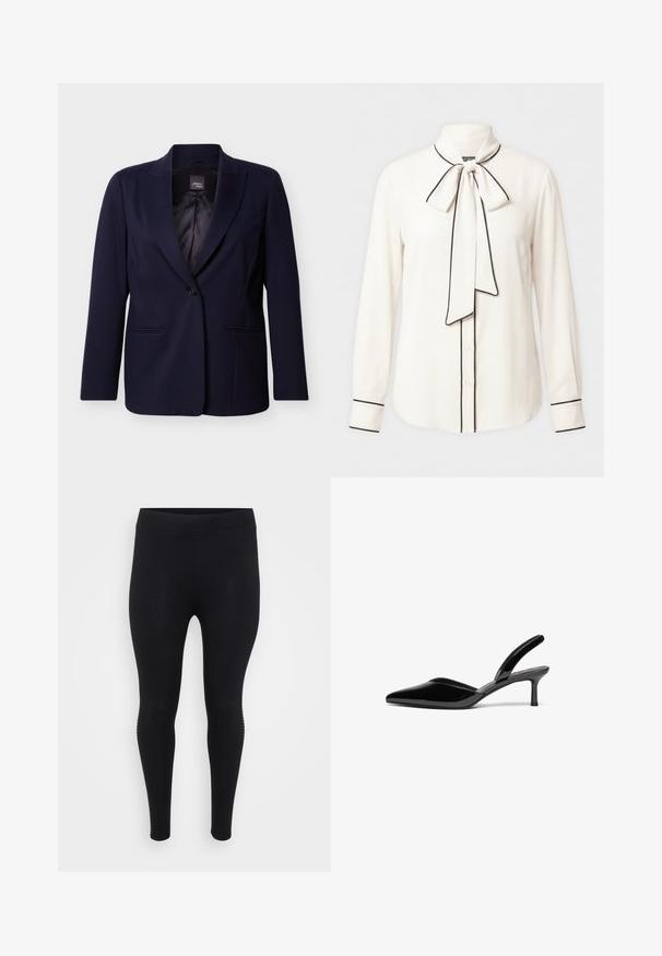 Marineblauw op maat gemaakte blazer met een knoopsluiting, revers met inkeping, lange mouwen en twee horizontale voorzakken, volledig gevoerd aan de binnenkant.; Crèmekleurige blouse met lange mouwen, zwarte bies, knoopsluiting aan de voorkant en een gestrikte strik bij de hals.; Zwarte leggings met een gladde textuur, hoge taille en een aansluitende pasvorm. Bevat subtiele zijdetails langs de naden.; Zwarte gepolijste leren slingback hakken met een puntige neus, een lage stiletto hak en een elegant, eenvoudig ontwerp zonder versieringen.