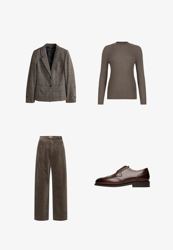Blazer à carreaux marron avec deux boutons, revers crantés et doublure intérieure noire, conçu pour une coupe ajustée.; Pull marron en maille côtelée à manches longues avec col rond, silhouette ajustée et ourlet sans coutures sur fond blanc.; Pantalons larges en velours côtelé marron avec plis, présentant une texture douce et une taille mi-haute. Les finitions d'ourlet sont propres et droites.; Chaussure de ville en cuir marron avec des détails brogue, bout arrondi et laçage à cinq œillets, reposant sur une semelle plate et texturée.