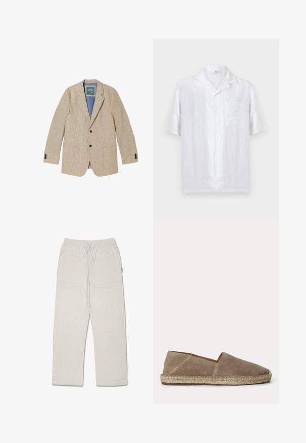 Blazer de lino beige para hombre con solapas con muesca, dos botones delanteros, bolsillos parche y forro interior azul.; Camisa blanca de manga corta con botones, cuello camp y bolsillo en el pecho, hecha de tela ligera de lino.; Pantalones relajados de color gris claro, hechos de un tejido texturizado con una cintura elástica y cordón ajustable; cuenta con bolsillos laterales.; Zapato espadrille de ante beige con suela de yute trenzado y puntera cerrada y redondeada, mostrado de lado sobre un fondo liso.