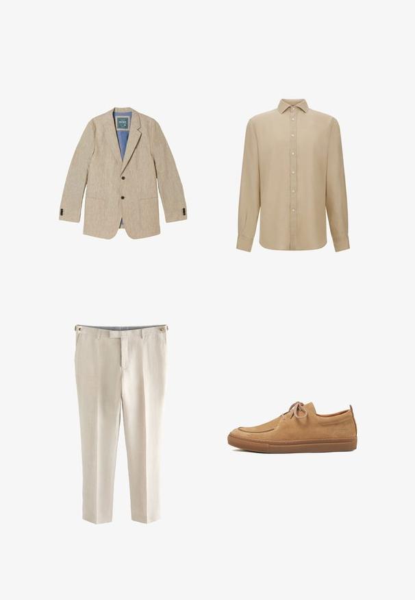 Beige hør herreblazer med hak på reverset, to forreste knapper, påsyede lommer og blå inderforing.; Beige langærmet skjorte lavet af letvægtsstof. Har en knappet front, spidse kraver og manchetter. Glat tekstur.; Beige skræddersyede bukser med bæltestropper, frontlynlås og to sidelommer, lavet af letvægtsstof.; Lysebrune casual sko i ruskind med rundet tå, snørelukning og gummisål. Har syningsdetaljer og en lille logo på siden.