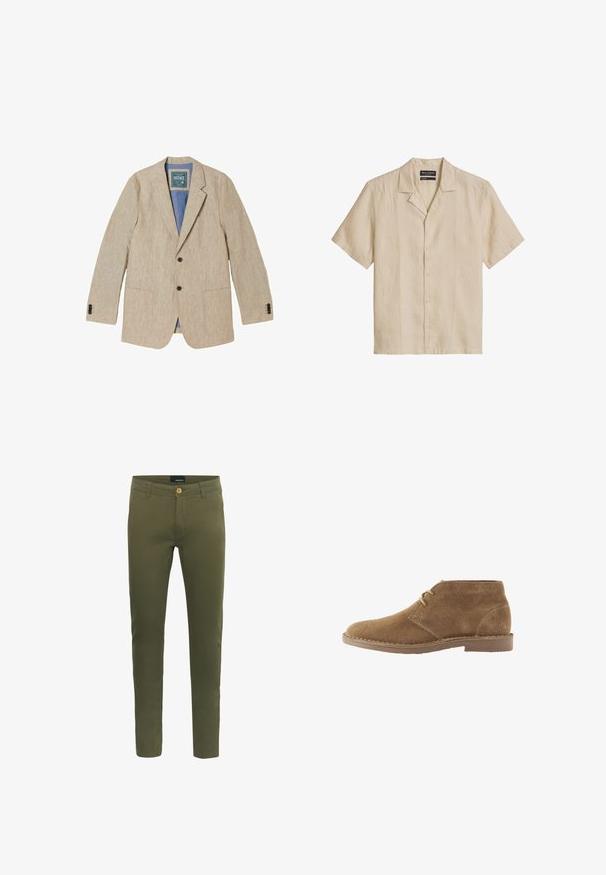 Beiger Leinen Herrenblazer mit Kerbkragen, zwei vorderen Knöpfen, aufgesetzten Taschen und blauem Innenfutter.; Beige Kurzarm-Hemd mit Knopfleiste, Camp-Kragen und sichtbaren Nähten, flach auf weißem Hintergrund liegend.; Olivgrüne Hosen aus weichem Baumwollgemisch mit vorderem Knopfverschluss, Gürtelschlaufen und slim fit Design.; Brauner Wildleder knöchelhoher Freizeitschuh mit zwei Ösen für Schnürsenkel und genähter Sohle vor weißem Hintergrund, Seitenansicht.