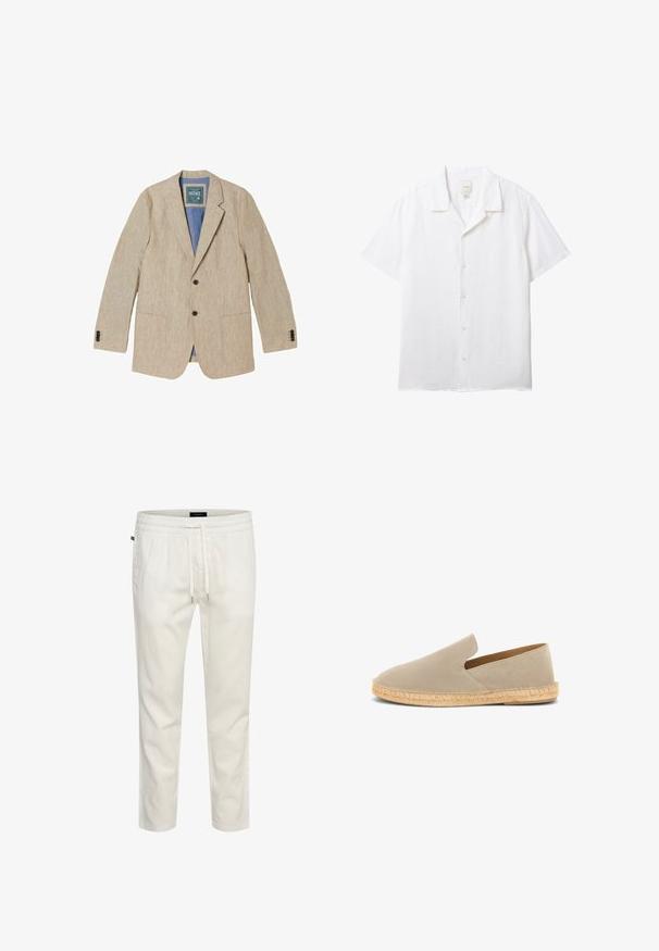Blazer de lino beige para hombre con solapas con muesca, dos botones delanteros, bolsillos parche y forro interior azul.; Camisa blanca de manga corta con botones, cuello estilo campestre y etiqueta visible de Calvin Klein en el interior del escote.; Joggers ligeros de algodón blanco con cintura elástica, cierre con cordón y un corte relajado. Textura suave sin patrones ni acentos.; Espadrilla beige de ante tipo slip-on con suela envuelta en yute y tacón bajo, vista lateral sobre fondo blanco.