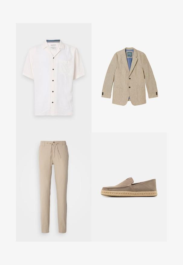 Blazer de lino beige para hombre con solapas con muesca, dos botones delanteros, bolsillos parche y forro interior azul.; Camisa de manga corta hecha de una tela ligera, en color blanco roto, con un bolsillo en el pecho y botones negros a lo largo del cierre frontal.; Pantalones de lino beige con corte recto, cinturilla elástica con cordón y dos bolsillos laterales. Textura suave y diseño minimalista.; Zapatos slip-on de ante color beige con suela de cuerda de yute, que presentan una punta redonda y un detalle de costura mínimo a lo largo del borde.