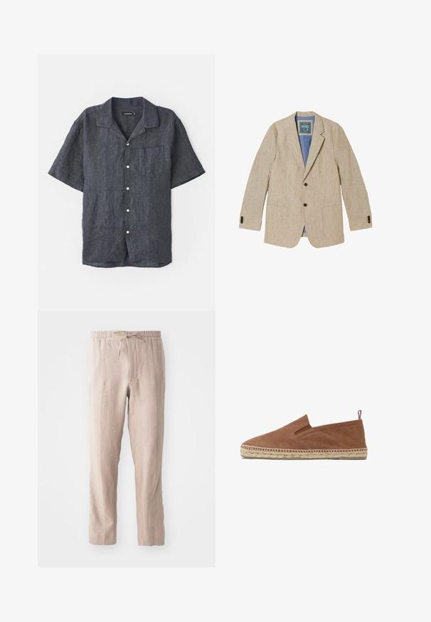 Beige hør herreblazer med hak på reverset, to forreste knapper, påsyede lommer og blå inderforing.; Kortærmet skjorte i antracit lin med afslappet krave, frontlomme og hvide knapper. Glat tekstur med subtile stofvariationer.; Beige linnedbukser med elastisk talje og snor. Lige ben design med en blød tekstur og minimalistisk stil.; Brun canvas slip-on espadrille med vævet jutesål og lille stofpåtræk i hælen, sat mod hvid baggrund.