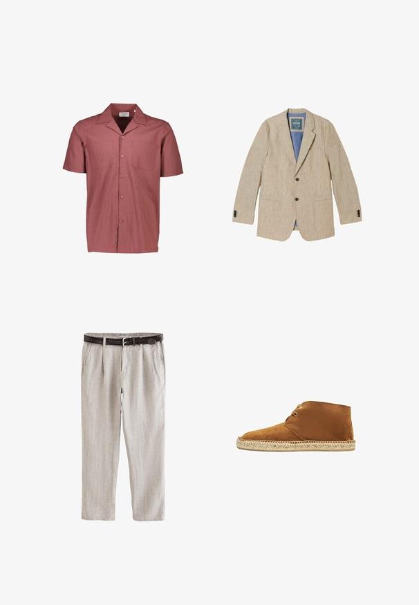 Beige hør herreblazer med hak på reverset, to forreste knapper, påsyede lommer og blå inderforing.; Kortærmet, skjorte med krave i rosenrød, struktureret stof med en subtil krøl. Har to brystlommer og mørke knapper.; Lyse beige hørbukser med plisseringer, sidelommer og et mørkebrunt vævet bælte med sølvspænde.; Brune ruskind ankelsko med en rund tå og en sål af jute-reb. Har et snørebåndsdesign og en glat overflade, ideel til afslappet brug.