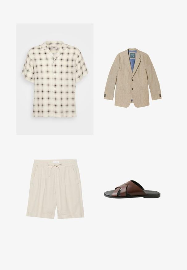Beige linnen herenblazer met inkepingstruien, twee voorste knopen, opgestikte zakken en een blauwe voering.; Lichtcrème overhemden met korte mouwen en een zwart-grijze ruitpatroon, voorzien van een camp collar en één borstzak.; Beige linnen shorts met een elastische tailleband, trekkoord en zijzakken. Ontspannen pasvorm met een rechte pijp en omgeslagen zoom.; Bruine leren herensandaal met gekruiste bandjes en zwarte zool, zijaanzicht op witte achtergrond.