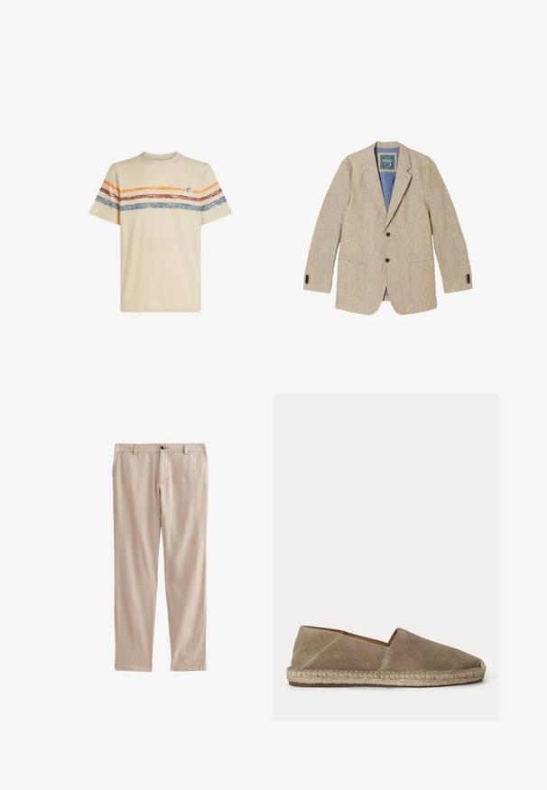 Beige hør herreblazer med hak på reverset, to forreste knapper, påsyede lommer og blå inderforing.; Cremefarvet bomulds t-shirt med horisontale striber i orange, rød og blå. Korte ærmer, rund halsudskæring og lille logo-detail på brystet.; Beige bomuldsbukser med lige snit, der har en frontlukning med knap og bæltestropper. Glat tekstur med sidelommer og diskret syning.; Beige ruskind espadrille sko med flettet juttesål og lukket rundet tå, vist fra siden på en ensfarvet baggrund.