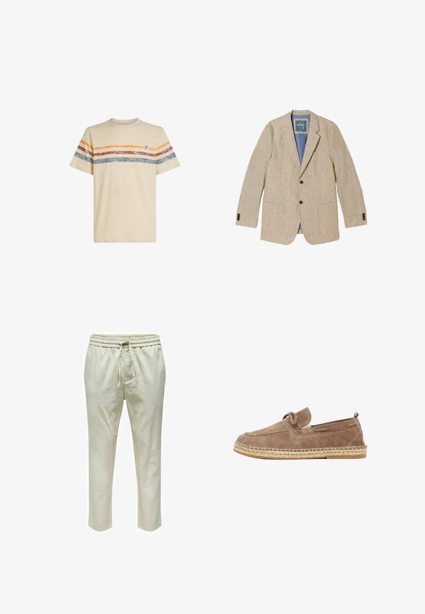 Beige hør herreblazer med hak på reverset, to forreste knapper, påsyede lommer og blå inderforing.; Cremefarvet bomulds t-shirt med horisontale striber i orange, rød og blå. Korte ærmer, rund halsudskæring og lille logo-detail på brystet.; Beige joggerbukser med elastisk talje og snor. Lavet af blødt stof, med smalnende ben og ingen synlige lommer.; Brun ruskindsloafer med flettet espadrillosål og dekorativ sløjfedetalje på toppen, set fra ydersiden.