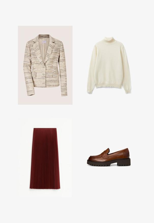 Beige en crèmekleurige tweed damesblazer met lange mouwen, twee knopen, een notch-reverskraag en voorzakken.; Crème-kleurige coltrui van zachte gebreide stof. Voorzien van lange mouwen en geribbelde boorden enzoom. Eenvoudig, naadloos ontwerp.; Plissé midi-rok in diep rood, met een gestructureerde stof en gelijkmatig verdeelde verticale plooien. De zoom valt rond de middenkuit.; Bruine leren loafer met dikke zwarte profielzool en lage blokhak, getoond vanaf de zijkant op een witte achtergrond.