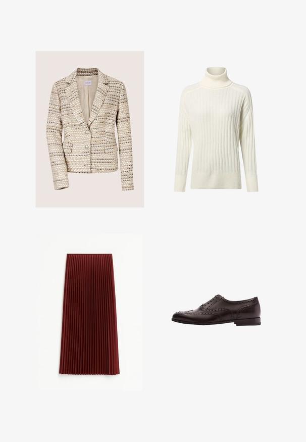 Beige en crèmekleurige tweed damesblazer met lange mouwen, twee knopen, een notch-reverskraag en voorzakken.; Crème-kleurige turtleneck trui met een ribbelstructuur, lange mouwen en een relaxte fit, met subtiele kleurvariaties doorheen.; Plissé midi-rok in diep rood, met een gestructureerde stof en gelijkmatig verdeelde verticale plooien. De zoom valt rond de middenkuit.; Bruine leren schoenen met brogue-details, vetersluiting, ronde neus en een lage gestapelde hak. Gepolijste afwerking en ingewikkelde perforaties.