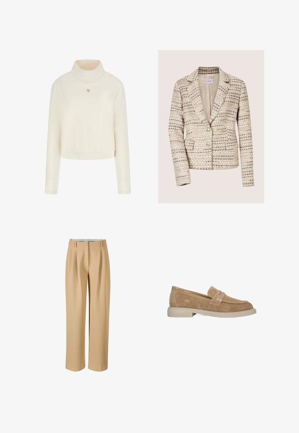 Beiger und cremefarbener Tweed-Damenblazer mit langen Ärmeln, zwei Knöpfen, Reverskragen und Vordertaschen.; Guess Sweatshirt - crema; Beige weitgeschnittene Hose aus glattem Stoff, mit Falten an der Vorderseite und einem angepasst geschnittenen Bund. Keine sichtbaren Taschen oder Verzierungen.; Braune Wildleder-Slipper mit abgerundetem Zehenbereich, dekorativem Riemendetail und einer hellen, robusten Gummisohle. Fein strukturierte Oberfläche.
