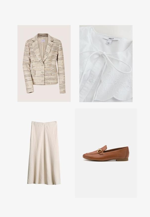 Blazer en tweed beige et crème pour femme, manches longues, deux boutons, col à revers cranté et poches avant.; Blouse blanche avec broderie florale, présentant un col rond, une fermeture à nouer et des détails à boutons. Tissu en coton doux avec des accents texturés.; Jupe crème, longueur au genou, en tissu texturé. Elle présente une large ceinture et une coupe évasée avec une silhouette fluide.; Mocassins en cuir marron avec un bout arrondi, présentant un accent décoratif en métal doré. Semelle plate et finition lisse.