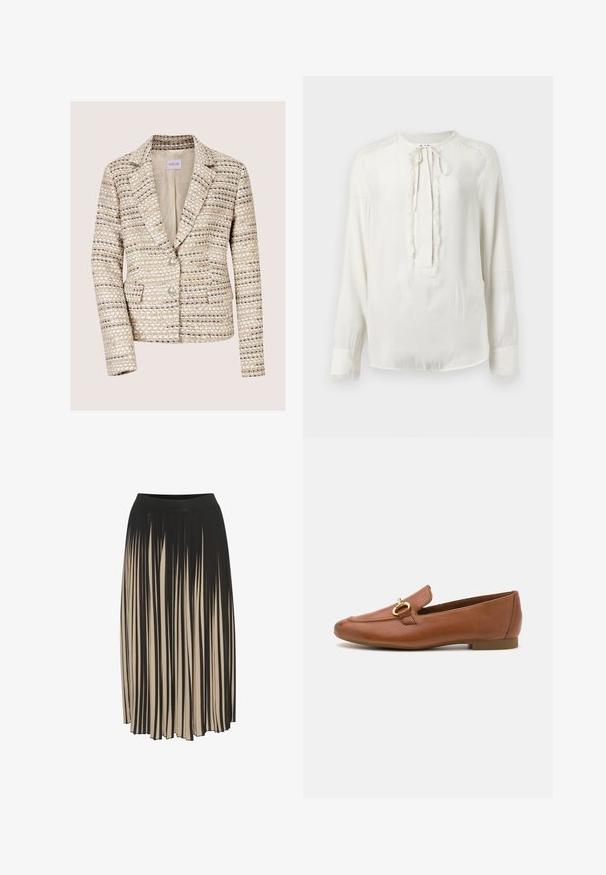 Beige en crèmekleurige tweed damesblazer met lange mouwen, twee knopen, een notch-reverskraag en voorzakken.; Witte blouse met lange mouwen, een ronde halslijn en striksluiting. Bevat een getextureerde afwerking langs de voorkant en manchetten. Soepele stofafwerking.; Plissé midi rok in zwart en beige met een hoge elastische tailleband, voorzien van verticale strepen en een vloeiende stijl voor beweging.; Bruine leren instappers met een ronde neus, voorzien van een decoratieve gouden hardwareaccent. Platte zool en een glanzende afwerking.