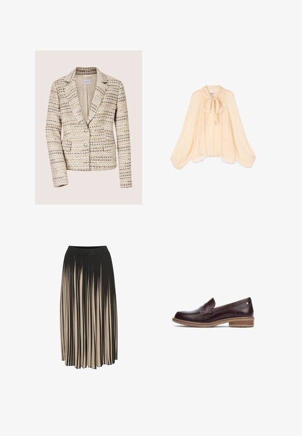 Beige en crèmekleurige tweed damesblazer met lange mouwen, twee knopen, een notch-reverskraag en voorzakken.; Roomkleurige transparante blouse met lange opgeblazen mouwen en een gestrikte strik bij de kraag, soepel vallende stof en een iets ongelijke zoom.; Plissé midi rok in zwart en beige met een hoge elastische tailleband, voorzien van verticale strepen en een vloeiende stijl voor beweging.; Pikolinos ALDAYA - Instappers - dark brown