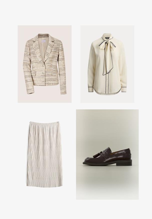 Beige en crèmekleurige tweed damesblazer met lange mouwen, twee knopen, een notch-reverskraag en voorzakken.; Crèmekleurige blouse met striksluiting aan de kraag, marineblauwe bies, lange mouwen, knoopsluiting en een gladde stoftextuur. Getailleerde pasvorm, afgeronde zoom.; Plissé midi-rok in lichtbeige, met een elastische tailleband. De stof heeft een gestructureerd oppervlak met verticale lijnen en een zachte val.; Donkerbruine leren loafer met franjes, lage hak en gestikte zool, vanaf de zijkant getoond op een neutrale achtergrond.
