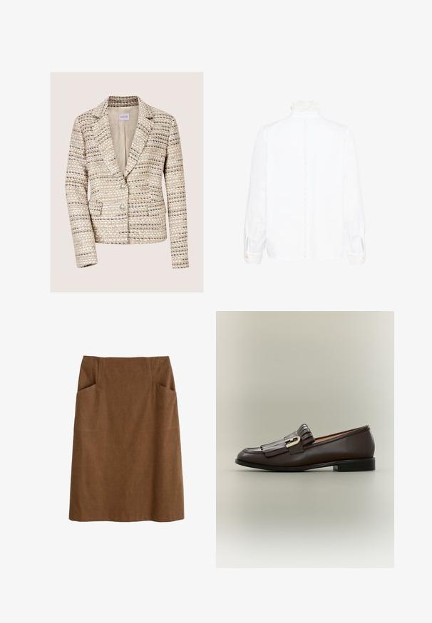 Beige en crèmekleurige tweed damesblazer met lange mouwen, twee knopen, een notch-reverskraag en voorzakken.; Witte blouse met lange mouwen, voorzien van een kanten hoge kraag en manchetten, met een verticale kanten bies langs de achterkant in het midden.; Bruine katoen rok met een aansluitende taille, twee zijzakken en een rechte snit. De stof heeft een zachte textuur en een subtiele glans.; Donkerbruine leren loafer met franje-detail en gouden gesp op een neutrale achtergrond, zijaanzicht.