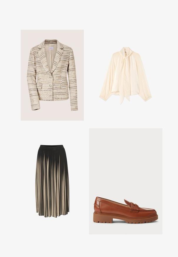 Beige en crèmekleurige tweed damesblazer met lange mouwen, twee knopen, een notch-reverskraag en voorzakken.; Crèmekleurige blouse met lange mouwen, hoge hals en een lange gestrikte strik aan de voorkant, met licht opgepofte mouwen en gerimpelde manchetten.; Plissé midi rok in zwart en beige met een hoge elastische tailleband, voorzien van verticale strepen en een vloeiende stijl voor beweging.; Bruine leren instappers met een moccasin teenontwerp, zichtbare stiksels en een chunky, gestructureerde rubberen zool. Accenten van goudkleurig beslag.