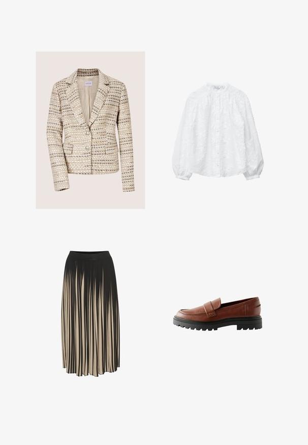 Blazer en tweed beige et crème pour femme, manches longues, deux boutons, col à revers cranté et poches avant.; Blouse blanche avec broderie florale, fermeture à boutons, col montant et manches bouffantes. Confectionnée en tissu texturé avec une sensation douce et légère.; Jupe midi plissée en noir et beige avec une taille haute élastiquée, présentant des rayures verticales et un design fluide pour le mouvement.; Mocassins en cuir marron avec un bout surélevé, une sangle décorative et une semelle en caoutchouc noir texturé avec un profil prononcé.