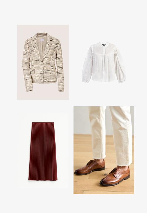 Beige en crèmekleurige tweed damesblazer met lange mouwen, twee knopen, een notch-reverskraag en voorzakken.; Witte semi-transparante blouse met lange pofmouwen, geplooide hoge kraag, knopen aan de voorkant en een getextureerd stippenpatroon op lichte stof.; Plissé midi-rok in diep rood, met een gestructureerde stof en gelijkmatig verdeelde verticale plooien. De zoom valt rond de middenkuit.; Bruine leren brogueschoenen met geperforeerde details, ronde neus en een gladde afwerking, gecombineerd met crèmekleurige broek met franje aan de onderkant.