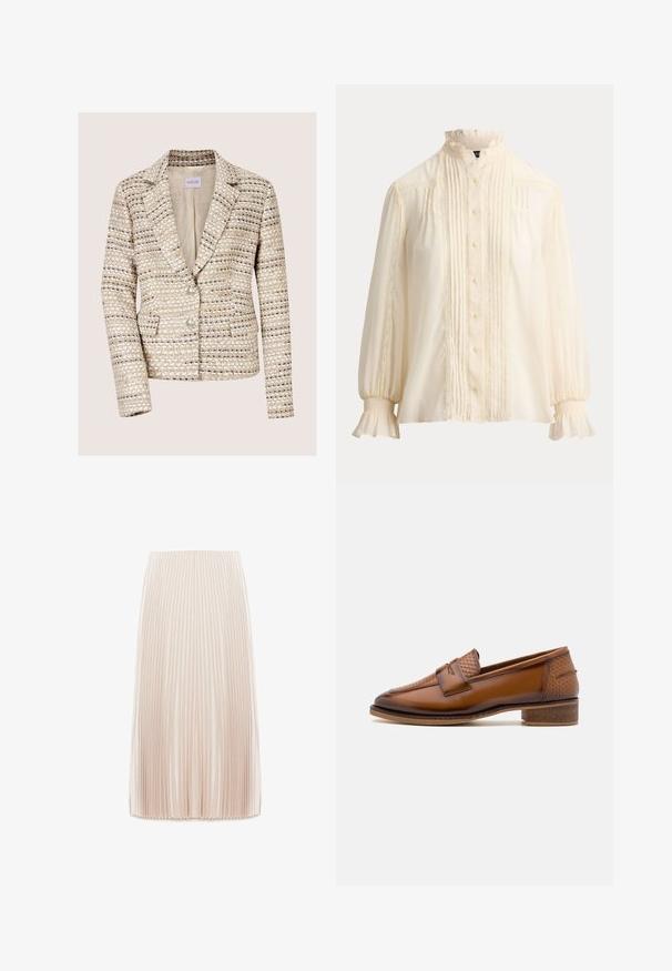 Beige en crèmekleurige tweed damesblazer met lange mouwen, twee knopen, een notch-reverskraag en voorzakken.; Crème gekleurde blouse met lange mouwen, gerimpelde kraag en manchetten, knoopsluiting aan de voorkant, verticale plooien en kanten details.; Plissé midi rok in een lichtbeige kleur, gemaakt van een gladde stof, met smalle verticale plooien en een elastische tailleband.; Bruine leren loafers met een gewoven voorpaneel, ronde neus en lage, gestapelde hak. Glad oppervlak met subtiele stiksels.