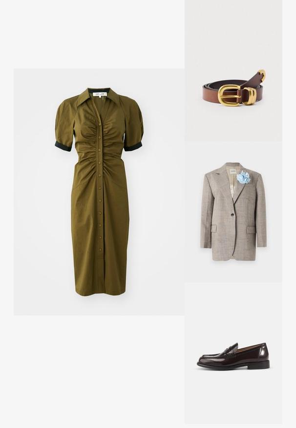 Beige tekstureret blazer med enkelt knap, hakket revers, lommer med klap og lyseblomstret stofblomst på venstre revers.; Oliven grøn midikjole med en tætsiddende pasform, korte puffærmer, krave og knaplukning foran. Sorte ærmeaccenter.; Mørkebrune polerede læder herre penny loafer med lav hæl og syningsdetaljer på hvid baggrund.; Brunt læderbælte med en glat tekstur, spænde i guldfarvet metal og buede detaljer. Flere huller for justerbar størrelse.