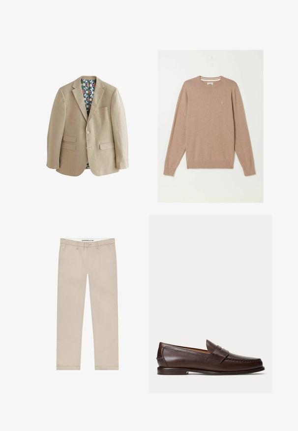 Beige liinaaniblaaser kahel esi taskul, sälguga kraed ja värviline geomeetriline vooder. Sisaldab kaht nupulahted.; Beige pitkähihaisen pyöreäkauluksen neule, jossa resorit hihansuissa ja helmassa, vasemmassa rinnassa pieni kirjailtu logo, yksivärinen tausta.; Beigenväriset chinot, jotka on valmistettu puuvillasekoitekankaasta. Suora lahkeen malli, etutaskut ja napillinen vyötärön sulku.; Tummanruskea nahkainen penny loafer -kenkä, jossa on ompeludetaljit ja matala pino korko, esitetty sivulta yksivärisellä taustalla.