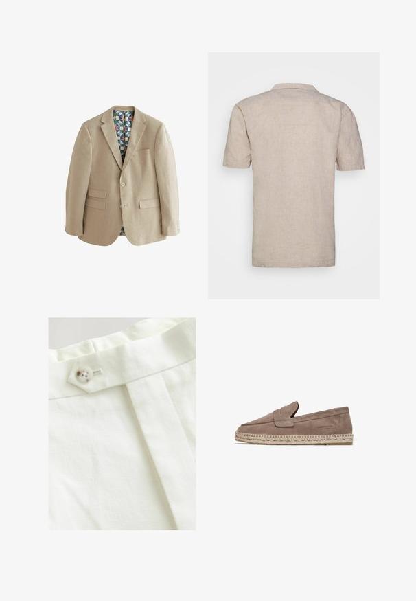 Beige linnen blazer met twee voorzakken, notch-klepels en een kleurrijke geometrische voering. Voorzien van een sluiting met twee knopen.; Korte mouwen beige linnen shirt met een kraag, voorzien van een gestructureerde stof en een rechte zoom, zonder zichtbare patronen of accenten.; Witte stof met een gladde textuur, voorzien van een enkele knoopsluiting, een geplooid ontwerp en nette stikdetails.; FRED MARTIN COLLECTION MARBELLA - Espadrilles - taupe suede