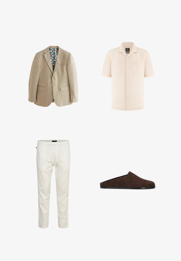 Blazer de lino beige con dos bolsillos frontales, solapas con muesca y un forro de patrón geométrico colorido. Presenta un cierre de dos botones.; Camisa beige de manga corta con botones, cuello campestre y dos bolsillos en el pecho, confeccionada en 100% lino de Boggi Milano.; Joggers ligeros de algodón blanco con cintura elástica, cierre con cordón y un corte relajado. Textura suave sin patrones ni acentos.; Zueco marrón de ante para hombre, sin talón, con puntera redondeada y suela negra, diseño sin respaldo para facilitar su uso en interiores o para un estilo casual.