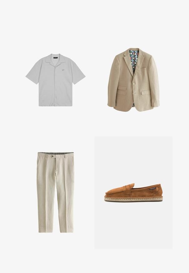Beige linned blazer med to frontlommer, notched revers og et farverigt geometrisk mønstret foer. Har to knaplukninger.; Lysegrå kortærmet skjorte med knapper og spredt krave samt lille "P"-logo på venstre bryst.; Next SIGNATURE - REGULAR FIT - Bukser - neutral; Brun ruskind slip-on sko med rund tå, der har en vævet jute sål og et lille accentbånd over forfoden.