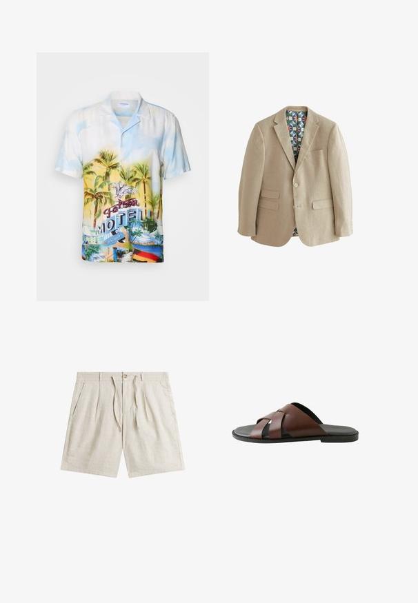 Beige linnen blazer met twee voorzakken, notch-klepels en een kleurrijke geometrische voering. Voorzien van een sluiting met twee knopen.; Korte mouwen overhemd met knopen in lichte stof, versierd met een tropische print van palmbomen, zonsondergangkleuren en een "Falcon Motel" grafisch ontwerp.; Beige linnen korte broek met knoop- en koordsluiting, plooien aan de voorkant, zijzakken en riemlussen.; Bruine leren herensandaal met gekruiste bandjes en zwarte zool, zijaanzicht op witte achtergrond.