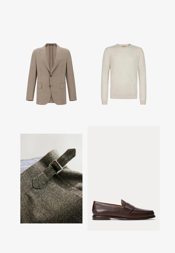 Beige linnen blazer met een notch lapel, twee knopen en twee voorzakken. Geweven stof met een subtiel patroon.; Beige crew-neck sweater van zacht gebreid materiaal. Heeft lange mouwen en ribgebreide manchetten en zoom. Minimalistisch ontwerp met een gladde textuur.; Grijze textuurstof met een gespdetail. Het ontwerp heeft een moderne snit en zichtbare stikhoudingen.; Donkerbruine leren penny loafer met stikseldetails en lage gestapelde hak, van opzij gezien op een effen achtergrond.