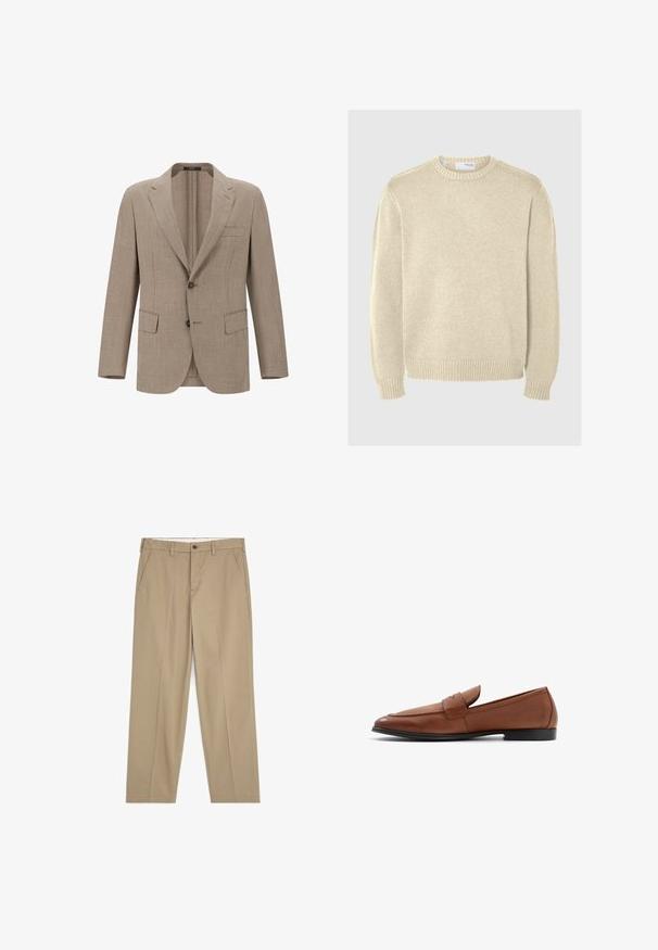 Blazer en lin beige avec un revers cranté, deux boutons et deux poches avant. Tissu texturé avec un motif de tissage subtil.; Pull en maille beige clair avec un col rond, des manches longues, des poignets et un ourlet côtelés. Texture lisse avec un motif de moyenne épaisseur.; Pantalon beige droit avec passants pour ceinture, poches latérales, bouton devant et fermeture éclair, présenté sur fond blanc.; Mocassins en cuir marron avec une silhouette basse, un bout rond et des détails en couture sur le devant. Semelle noire solide avec une finition lisse.
