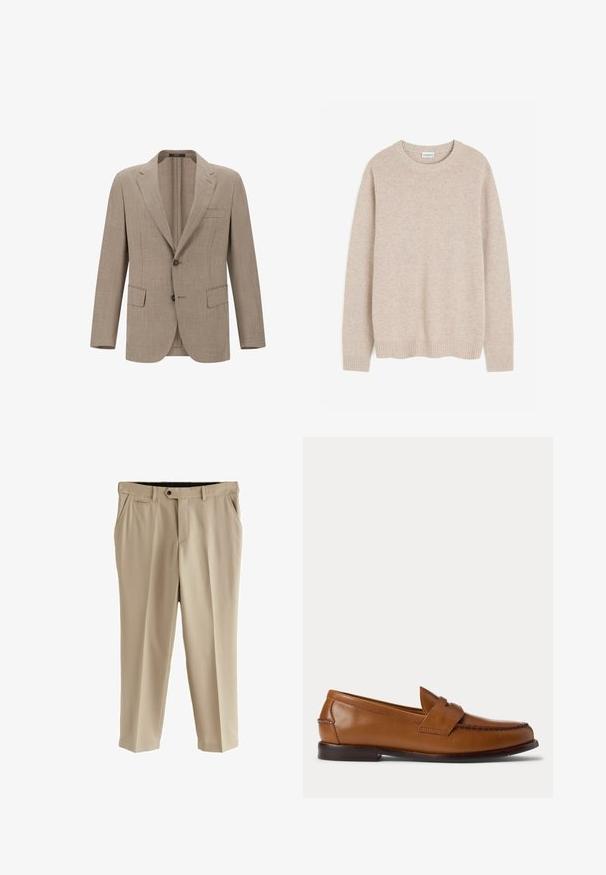 Beige linned blazer med notched revers, to knapper og to forlommer. Textureret stof med et subtilt vævemønster.; Beige strikket sweater med rund hals, ribbede mansjetter og kant. Lavet af blødt stof, der har en glat tekstur og et simpelt design.; Beige bukser lavet af glat stof, med flad front, sidelommer og en enkelt baglomme. Standard talje med knaplukning.; Brun læder penny loafer sko med lav hæl og syninger langs fronten og siderne, vist fra siden på en hvid baggrund.