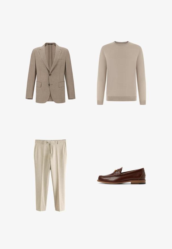 Blazer de lino beige con solapa muesca, dos botones y dos bolsillos frontales. Tejido texturizado con un sutil patrón de tejido.; Suéter beige de manga larga hecho de tela suave y de punto fino. Presenta un cuello redondo y puños y dobladillo acanalados para un ajuste ceñido.; Pantalones beige a medida para hombre con trabillas para cinturón, botón frontal, cremallera y bolsillos laterales, mostrados sobre un fondo blanco.; Mocasines de cuero marrón con un detalle trenzado y un acento dorado. Tacón plano de madera con agarre de goma negra. Textura suave, diseño clásico.