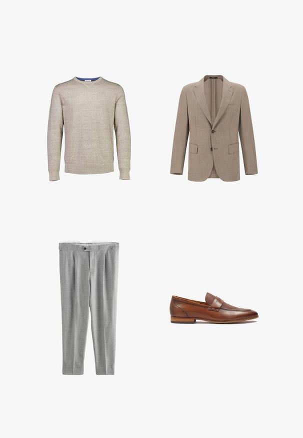 Blazer de lino beige con solapa muesca, dos botones y dos bolsillos frontales. Tejido texturizado con un sutil patrón de tejido.; Suéter beige claro hecho de tela de punto texturizada. Presenta un cuello redondo con un acento azul en el interior del cuello. Mangas largas.; Pantalones gris claro hechos de una tela texturizada. Las características incluyen un cierre de un solo botón, pliegues y un diseño de pierna recta.; Mocasines de cuero marrón con una banda texturizada, punta redondeada y tacón bajo apilado. Acabado suave con sutiles detalles de costura.