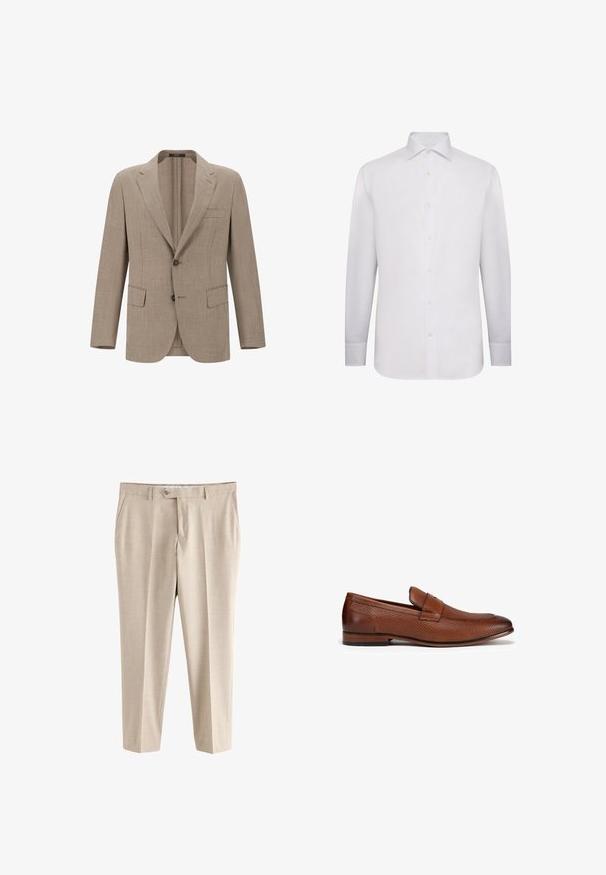 Blazer de lino beige con solapa muesca, dos botones y dos bolsillos frontales. Tejido texturizado con un sutil patrón de tejido.; Camisa de vestir blanca de manga larga hecha de una tela suave. Presenta un cuello clásico, un frente con botones completo y puños con botones. Sin patrones ni acentos.; Pantalones formales beige con trabillas para cinturón, bolsillos laterales, cierre de botones y cremallera, mostrados sobre un fondo blanco.; Mocasines de cuero marrón con un patrón tejido texturizado, puntera redondeada y una pequeña correa en la parte superior. Tacón plano para mayor comodidad.