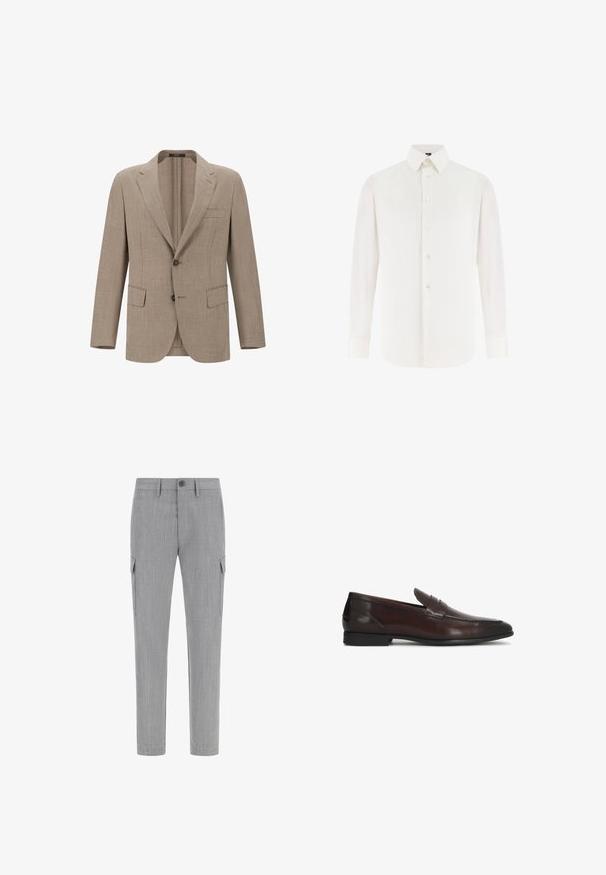 Blazer en lin beige avec un revers cranté, deux boutons et deux poches avant. Tissu texturé avec un motif de tissage subtil.; Chemise habillée blanche à manches longues pour homme avec col pointu et fermeture à boutons sur le devant, présentée sur un fond blanc.; Pantalons cargo gris en tissu texturé, dotés de poches latérales, d'une fermeture à bouton et d'une coupe fuselée.; Mocassin penny en cuir marron foncé avec talon bas et bout arrondi, design classique à enfiler, profil latéral sur fond blanc.