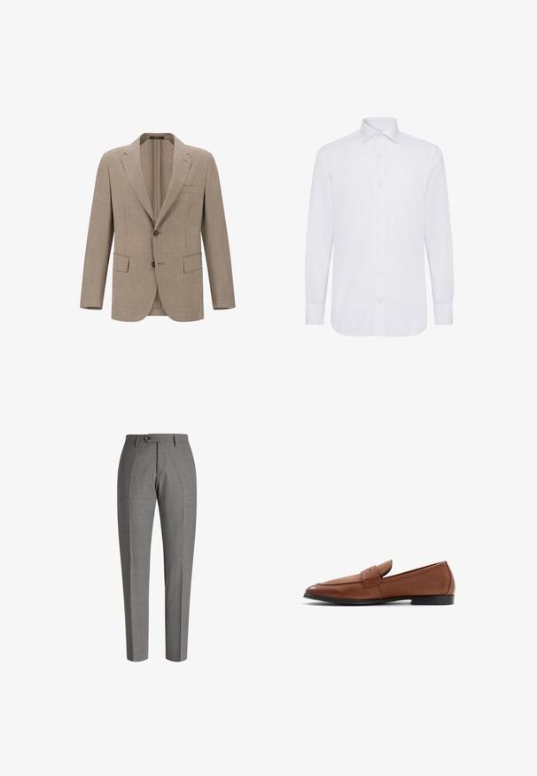 Blazer en lin beige avec un revers cranté, deux boutons et deux poches avant. Tissu texturé avec un motif de tissage subtil.; Chemise blanche à manches longues avec un col classique, une patte de boutonnage et un ourlet droit. Fabriquée en tissu de coton lisse.; Pantalons gris ajustés avec une finition texturée, coupe slim, pli avant et fermeture à un bouton à la taille.; Mocassins en cuir marron avec une silhouette basse, un bout rond et des détails en couture sur le devant. Semelle noire solide avec une finition lisse.