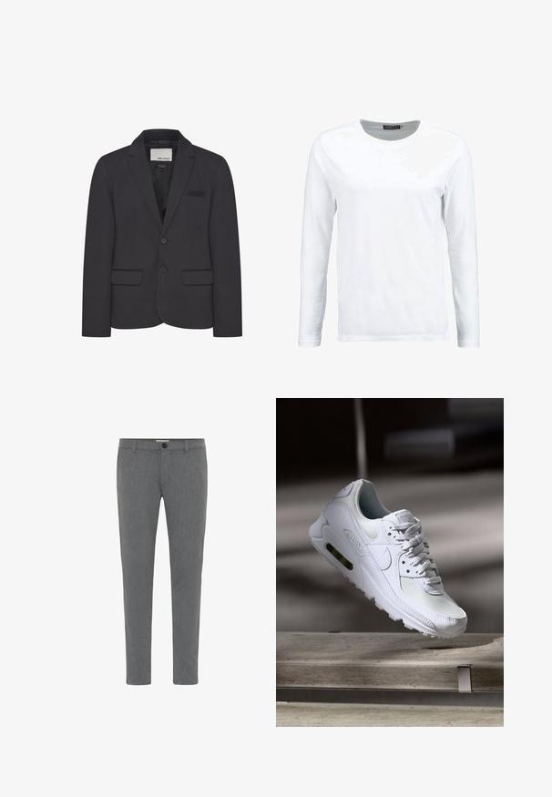 Blazer noir en tissu structuré, avec un col à revers, deux poches frontales et une fermeture à un bouton. Détails minimalistes.; T-shirt blanc à manches longues en coton, avec un col rond et une texture lisse. Sans motifs ni accents. Design simple.; Pantalons gris sur mesure en tissu texturé, avec une taille standard dotée de passants de ceinture, une fermeture éclair et un bouton unique.; Sneaker Nike Air Max 90 blanche avec une tige en mesh et cuir, une boîte à orteils perforée et une unité air visible au talon.