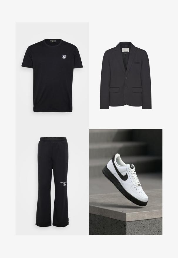 Sort blazer lavet af struktureret stof, der har en slå-om krave, to forlommer og en enkelt knaplukning. Minimalistisk detaljer.; Sort bomulds t-shirt med korte ærmer, rund halsudskæring og et lille hvidt broderet logo på venstre bryst. En simpel og klassisk design.; Sorte sweatpants med en afslappet pasform, lavet af blødt stof. Har en elastisk talje og sidelommer, samt et logo på det ene ben.; Hvid lædersneaker med sorte detaljer, rundet tå og perforerede detaljer. Sort gummisål med tekstureret mønster og snørelukning.