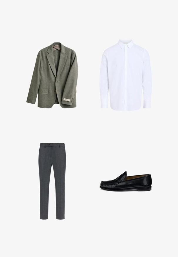 Blazer gris à simple boutonnage avec revers crantés, deux poches avant à rabat, deux boutons et une étiquette en tissu sur le poignet de la manche gauche.; Chemise blanche à manches longues avec col classique, en tissu lisse, avec une patte de boutonnage devant et un ourlet arrondi.; Pantalons ajustés gris foncé en laine mélangée texturée, avec une taille plate, des poches latérales et une fermeture à bouton unique. Design slim fit.; Mocassin pour homme en cuir noir avec couture moc toe et petit talon empilé, présenté en profil droit sur fond blanc.