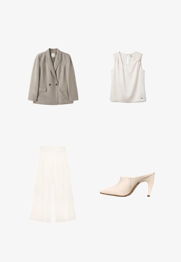 Lysebeige dobbeltradet blazer med to knapper, hakkede revers, lange ærmer og to forlommer med klap, vist på hvid baggrund.; Ærmeløs hvid bluse med subtil struktureret stof, en lille nøglehul ved baghalsen og et lille metallogo nær kanten.; Hvide, vidde, korte bukser med høj talje og uden synlige lukkemekanismer eller lommer.; Beige mule med spids tå, mellemhøj buet hæl og minimale syninger nær åbningen på hvid baggrund.