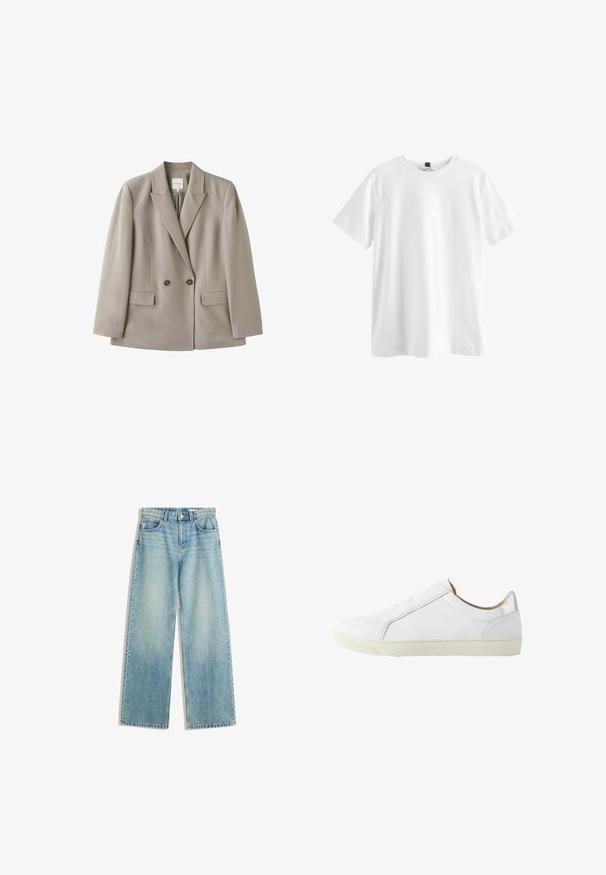 Hellbeiger, zweireihiger Blazer mit zwei Knöpfen, Revers mit Kerbe, langen Ärmeln und zwei vorderen Pattentaschen, dargestellt vor weißem Hintergrund.; Schlichtes weißes T-Shirt mit kurzen Ärmeln und Rundhalsausschnitt mit einem schwarzen Etikett innen am Kragen, flach auf weißem Hintergrund dargestellt.; Helle blaue Jeans mit weitem Bein, mittelhoher Taille, Fünf-Taschen-Design, kontrastierenden Nähten und minimalem Verblassen für einen klassischen Look.; Weißer flacher Leder-Sneaker mit seitlichem Reißverschluss, beigem Innenfutter und elfenbeinfarbener Gummisohle, von der Außenseite gezeigt.