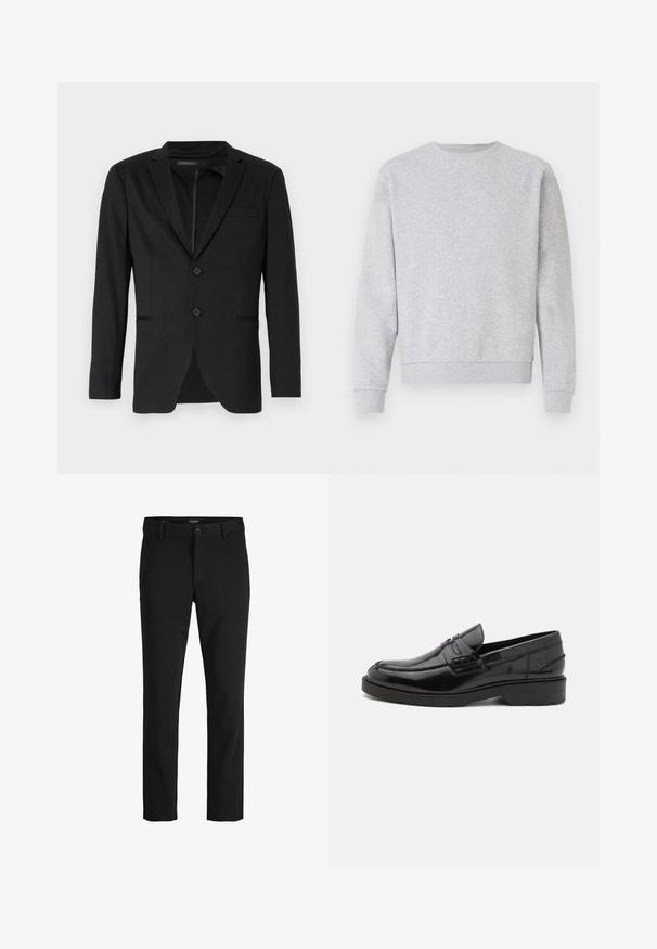 Blazer noir à coupe ajustée, doté de deux boutons, de revers crantés et de poches latérales. Fabriqué en tissu lisse avec une texture subtile.; Sweatshirt gris en tissu doux, avec col rond, manches longues et poignets et ourlet côtelés. Design simple sans logos ni motifs.; Pantalon noir slim-fit avec passants pour ceinture, fermeture par bouton et devant lisse.; Mocassins en cuir noir avec une finition lisse, un bout rond, un petit talon et descoutures décoratives à l'avant. Semelle en caoutchouc pour l'adhérence.