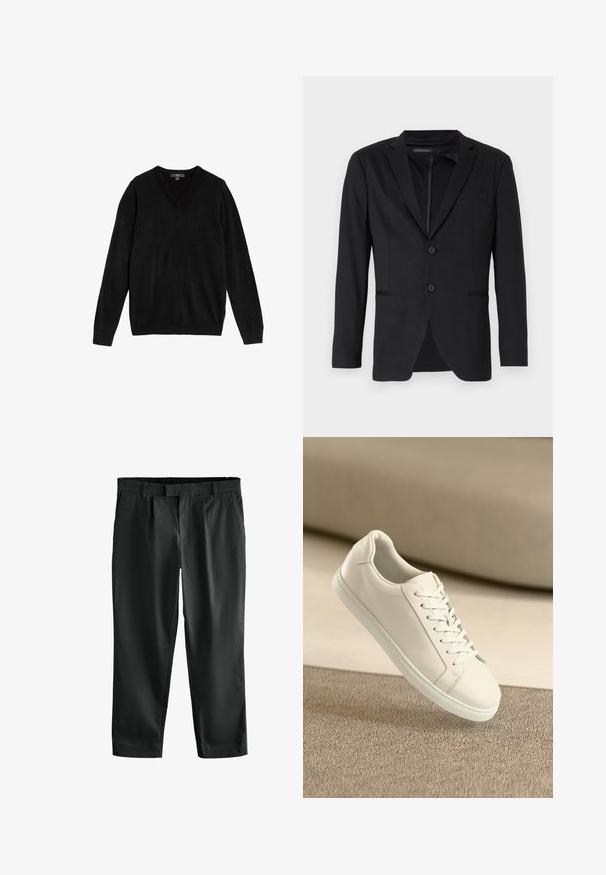 Blazer negro de corte slim, con dos botones, solapas de pico y bolsillos laterales. Fabricado en una tela suave con una textura sutil.; Suéter negro con cuello en V hecho de tejido suave y de punto. Mangas largas, puños y bajo acanalados, diseño sencillo sin patrones ni detalles.; Pantalones negros con un diseño de pierna recta, pliegues en la parte delantera y una cintura elástica, fabricados con una tela suave y ligera.; Zapatilla de cuero blanca con cordones blancos, exhibida sobre una superficie texturizada beige y un suave fondo desenfocado.